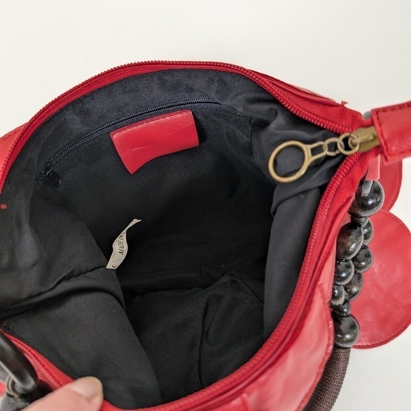 Scalloped Shoulder Bag Purse Handbag Beaded Faux Leather Pleather Cherry Red - Picture 5 of 10